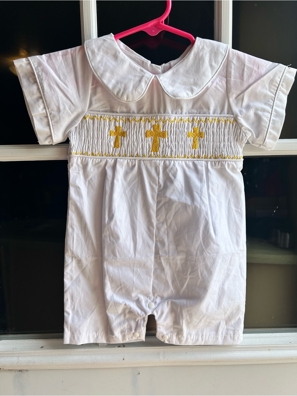 White Smocked Baptism One-Piece with Gold Cross Embroidery - Unbranded